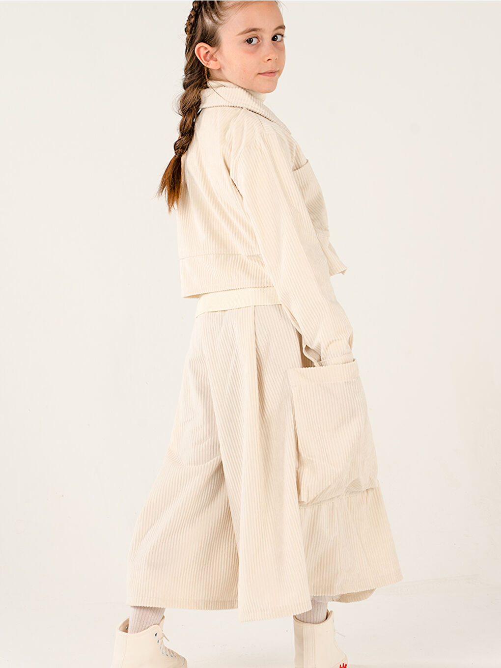 Kız Çocuk Ekru Kadife Kali Pantolon Gömlek Takım-2