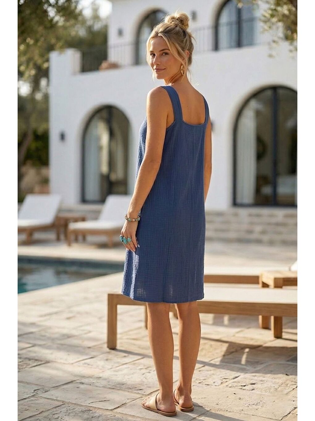 İndigo Askılı Düğmeli Cepsiz Metal Halkalı Casual Müslin Dokuma Elbise 102 55-5