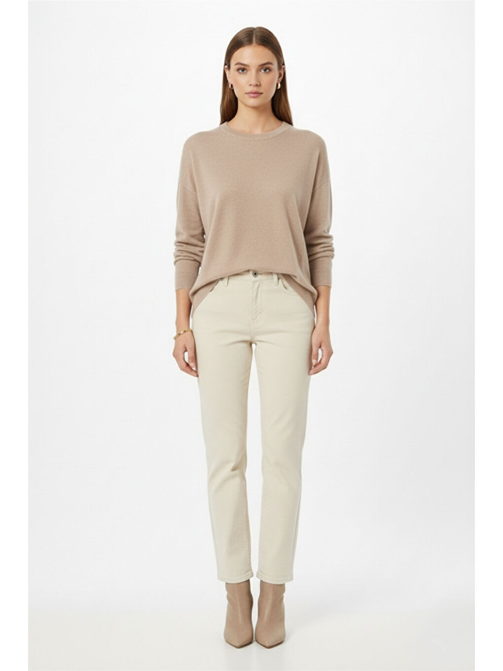 Ekstra Oversize Düşük Kol Basic Bej Rengi İnce Triko