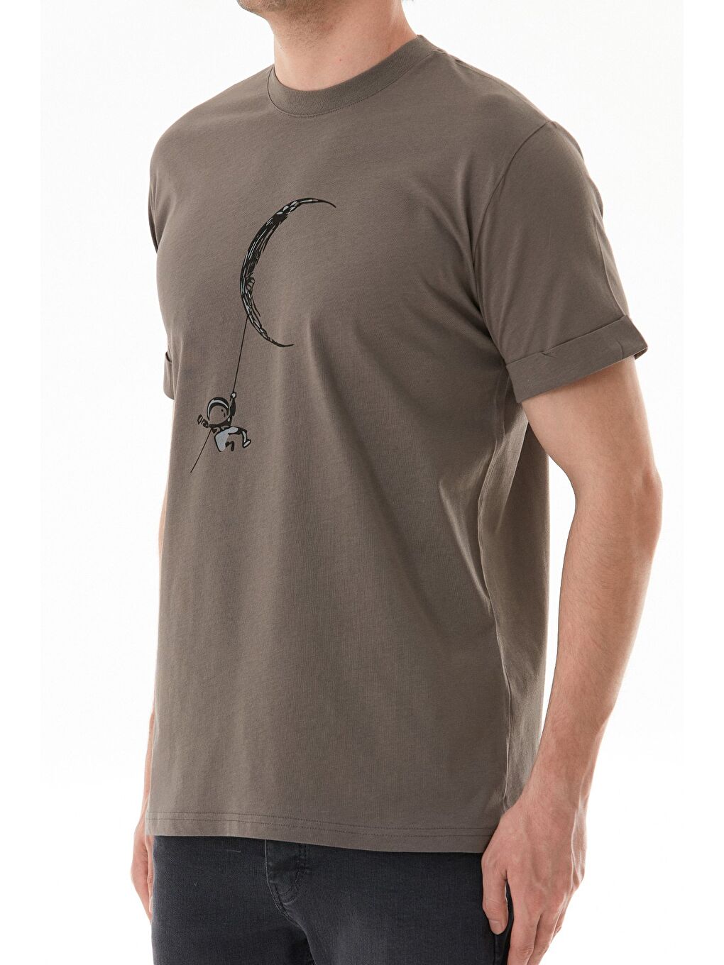 Antrasit Astronot Baskılı Bisiklet Yaka Tişört-3