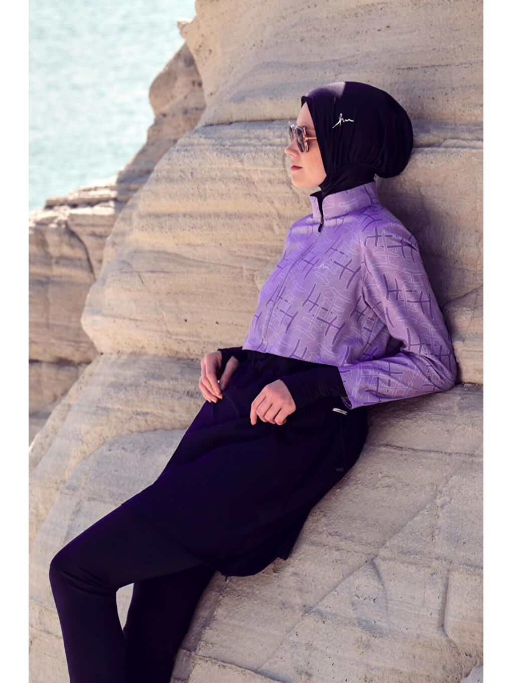 Esila Monogram Desenli Lila 5 Parça Tam Tesettür Mayo Takımı 2934-1