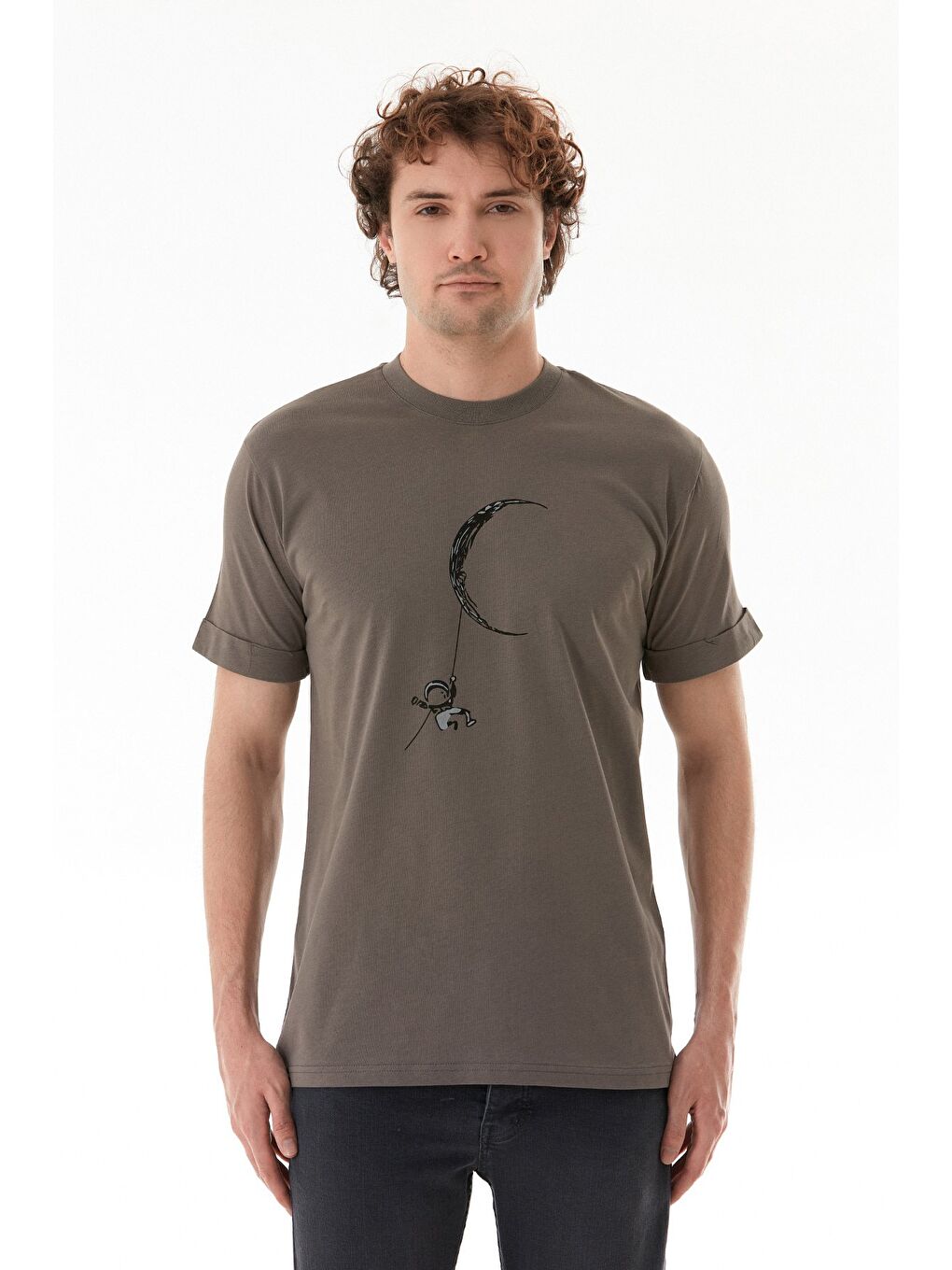 Antrasit Astronot Baskılı Bisiklet Yaka Tişört-4