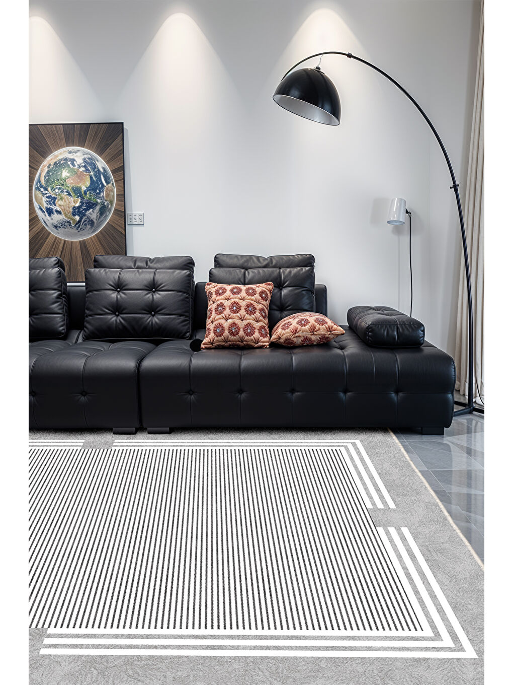 Gri Dekoratif Salon Halısı, Makinada Yıkanabilir, Kaymaz Taban, İnce & Modern Tasarım-1