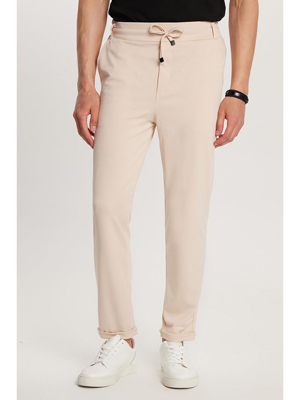 Erkek Slim Fit Pamuklu Beli Bağlamalı Yan Cepli Katlamalı Paça Jogger Bej Pantolon