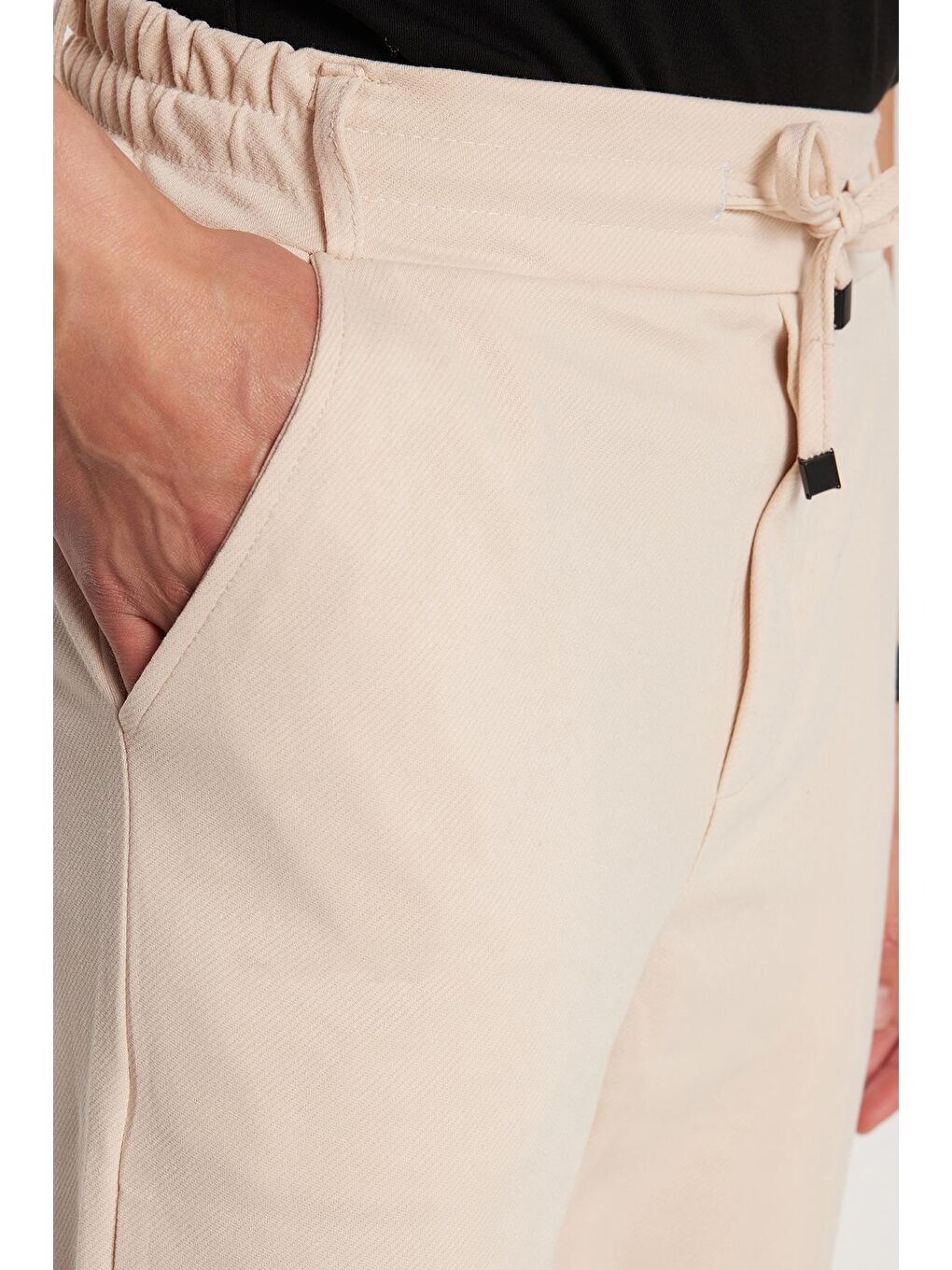 Erkek Slim Fit Pamuklu Beli Bağlamalı Yan Cepli Katlamalı Paça Jogger Bej Pantolon-1