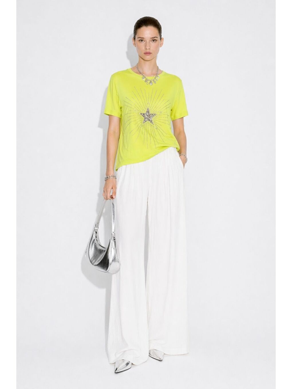 Yıldız Boncuklu Oversize Sarı Tişört