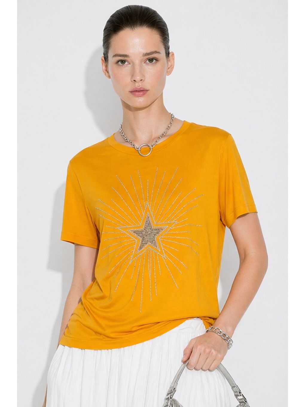 Yıldız Boncuklu Oversize Turuncu Tişört-1