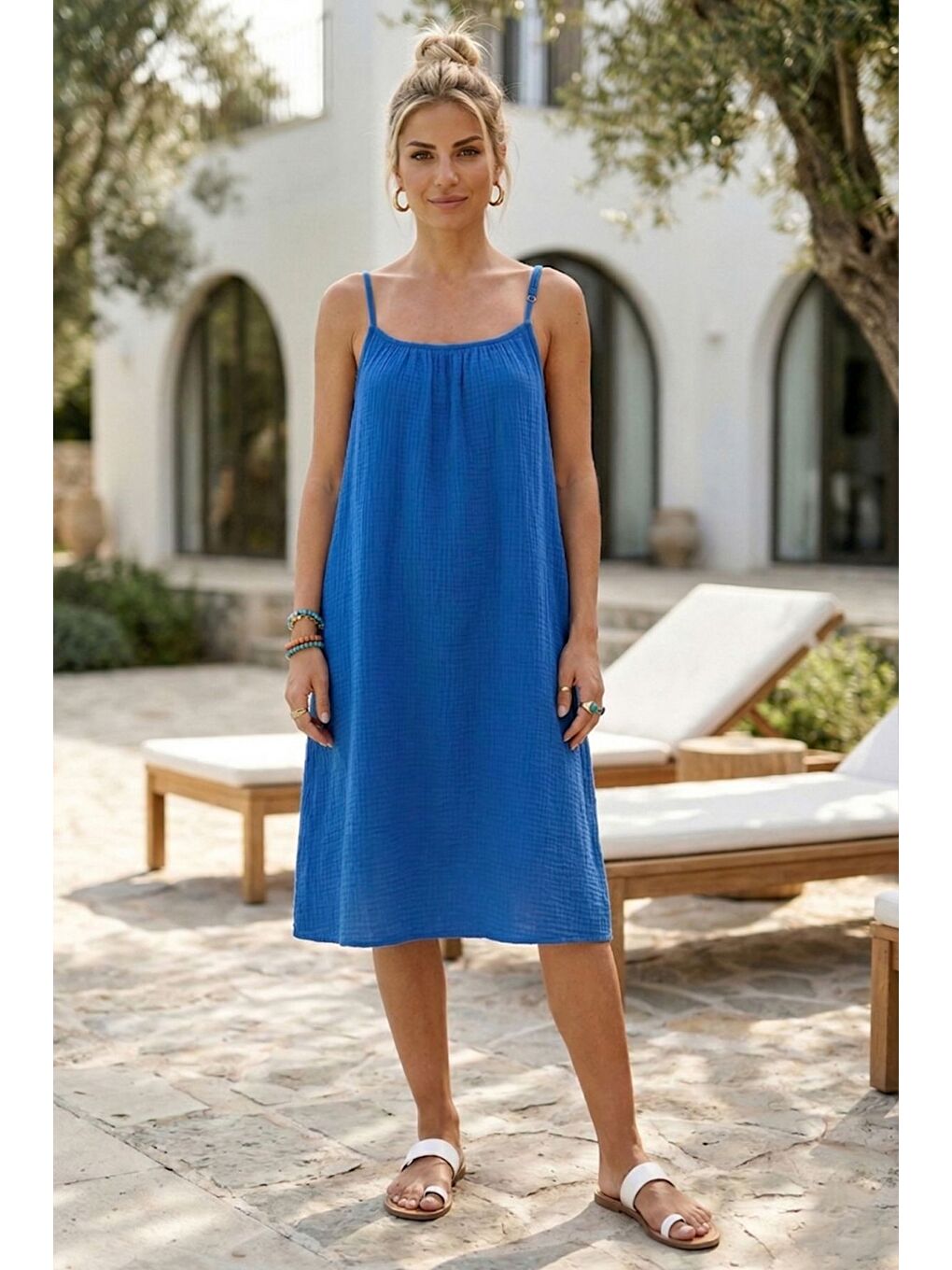 Mavi Askılı Gizli Cepli Ayarlanabilir Askılı Casual Müslin Dokuma Elbise 105 55