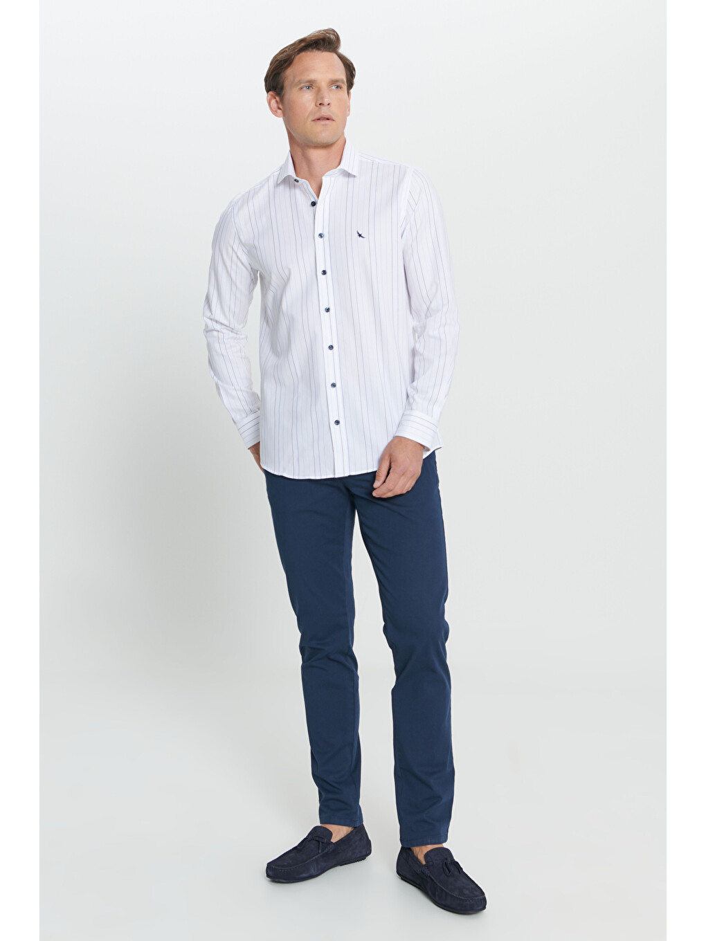 Erkek Beyaz-Mavi Slim Fit Dar Kesim Küçük İtalyan Yaka Çizgili Oxford Gömlek-1