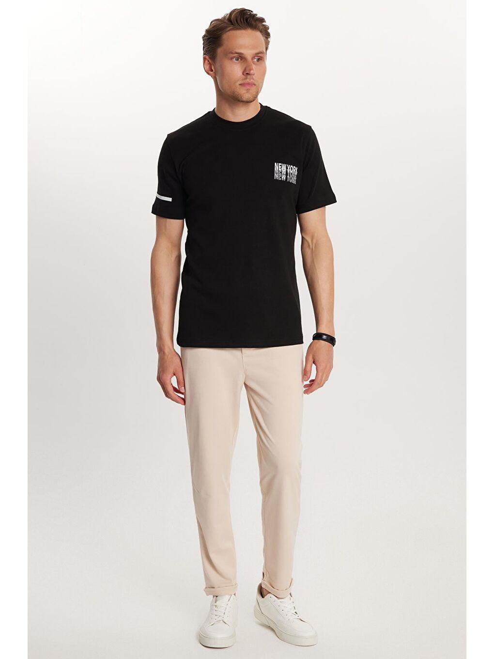 Erkek Slim Fit Pamuklu Beli Bağlamalı Yan Cepli Katlamalı Paça Jogger Bej Pantolon-2