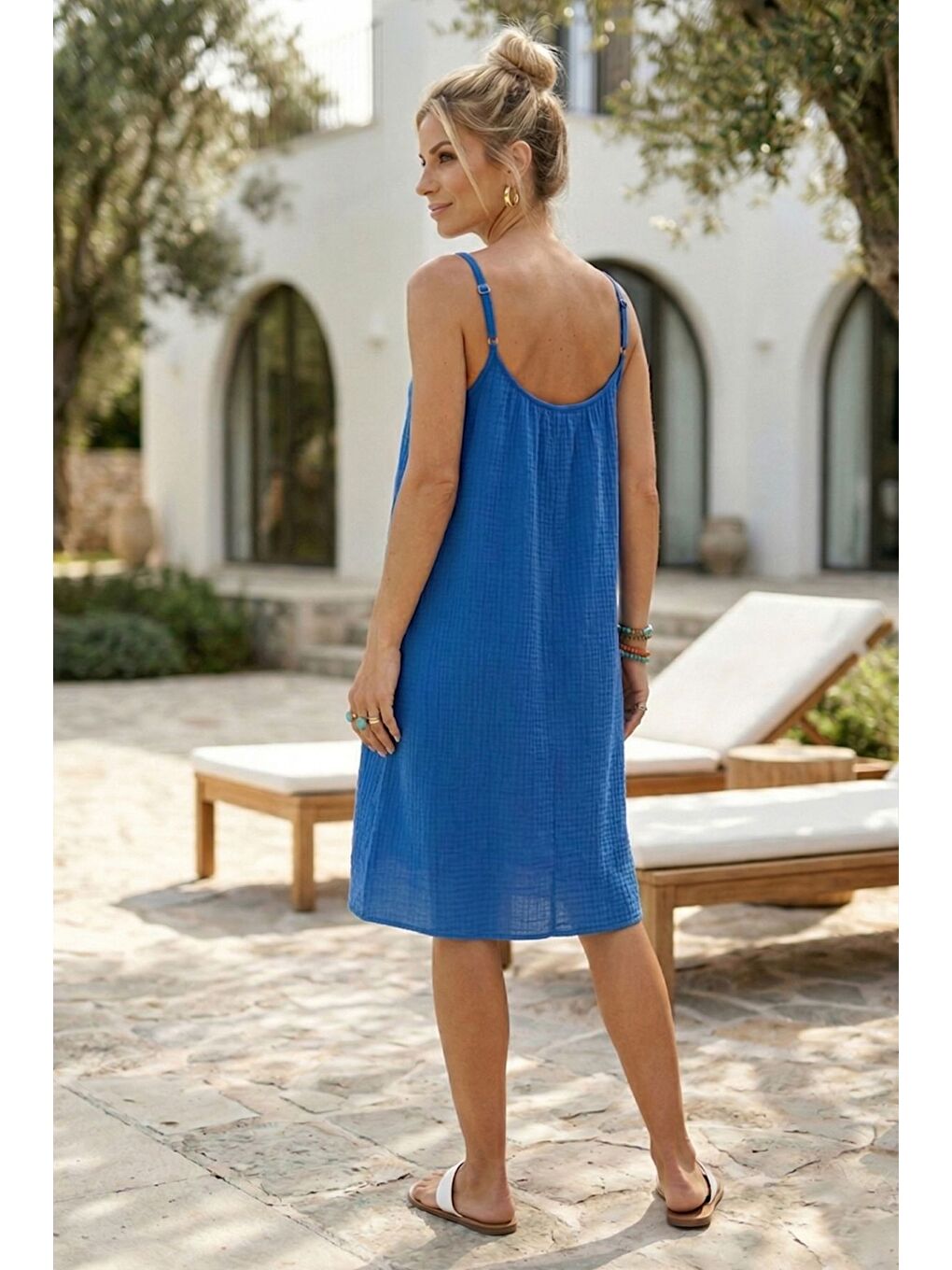 Mavi Askılı Gizli Cepli Ayarlanabilir Askılı Casual Müslin Dokuma Elbise 105 55-1