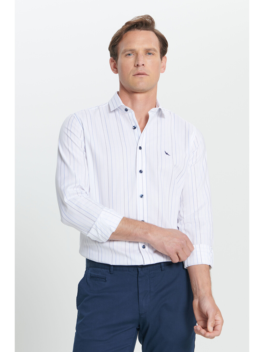 Erkek Beyaz-Mavi Slim Fit Dar Kesim Küçük İtalyan Yaka Çizgili Oxford Gömlek-2