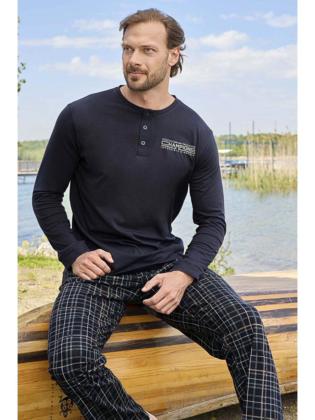 Erkek  Pamuk Uzun Kol Pijama Takımı 3461 Lacivert03-3