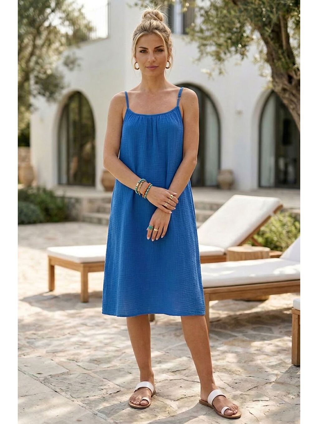 Mavi Askılı Gizli Cepli Ayarlanabilir Askılı Casual Müslin Dokuma Elbise 105 55-2