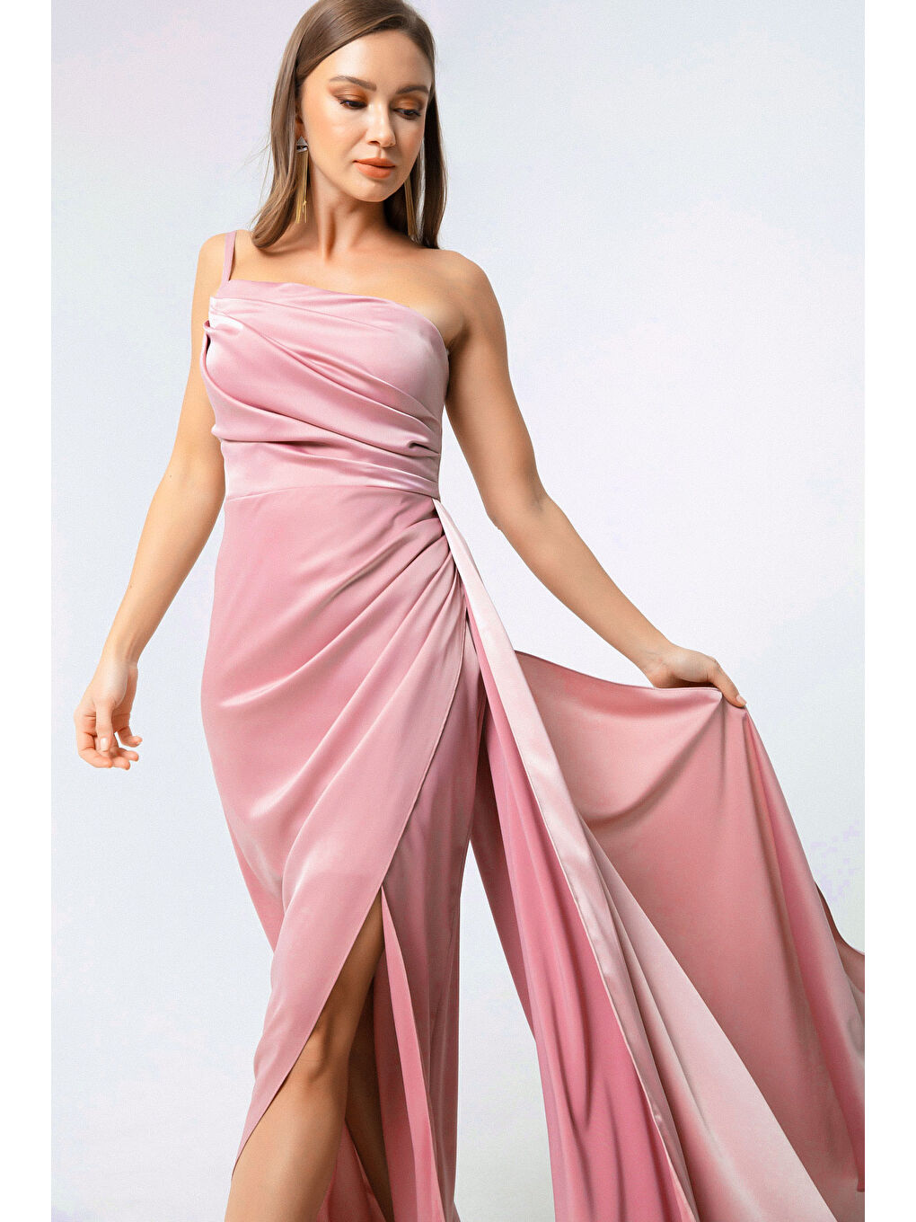 Pembe Kadın Pudra Tek Omuzlu Saten Abiye & Mezuniyet Elbisesi-1