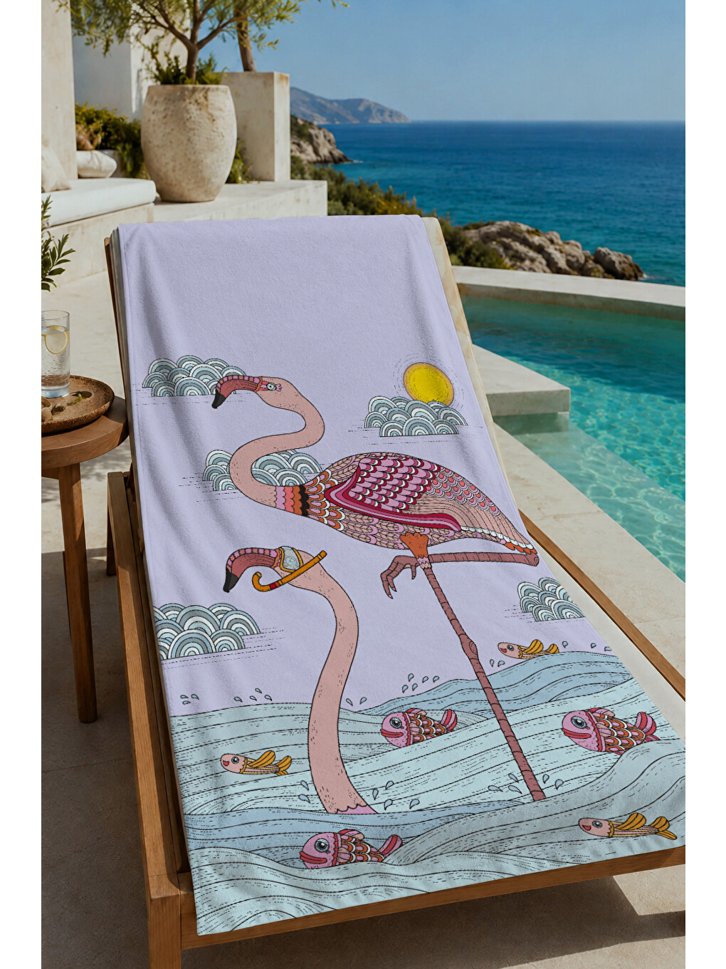 Beyaz Minimal Flamingo Ve Güneş Desenli 70x150 Cm Dijital Baskılı Plaj Ve Banyo Havlusu