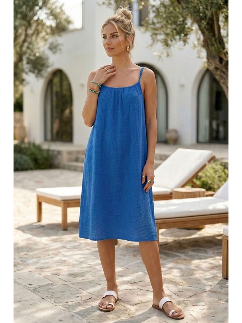 Mavi Askılı Gizli Cepli Ayarlanabilir Askılı Casual Müslin Dokuma Elbise 105 55-3