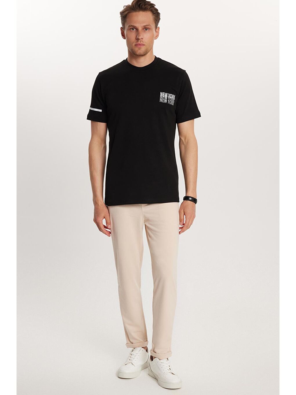 Erkek Slim Fit Pamuklu Beli Bağlamalı Yan Cepli Katlamalı Paça Jogger Bej Pantolon-3