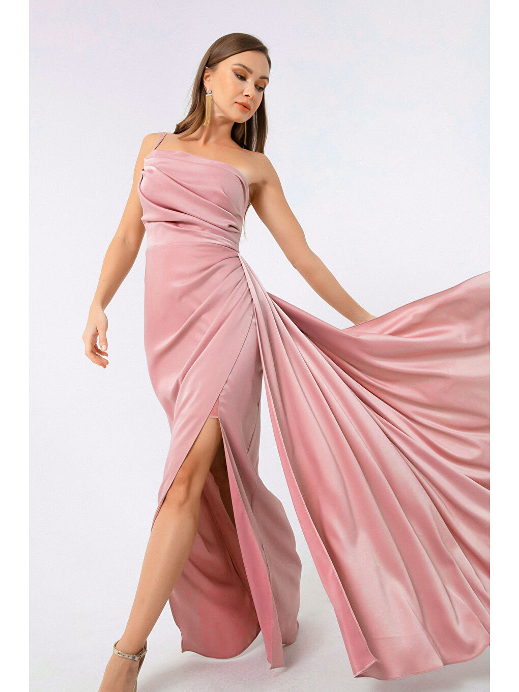 Pembe Kadın Pudra Tek Omuzlu Saten Abiye & Mezuniyet Elbisesi-3