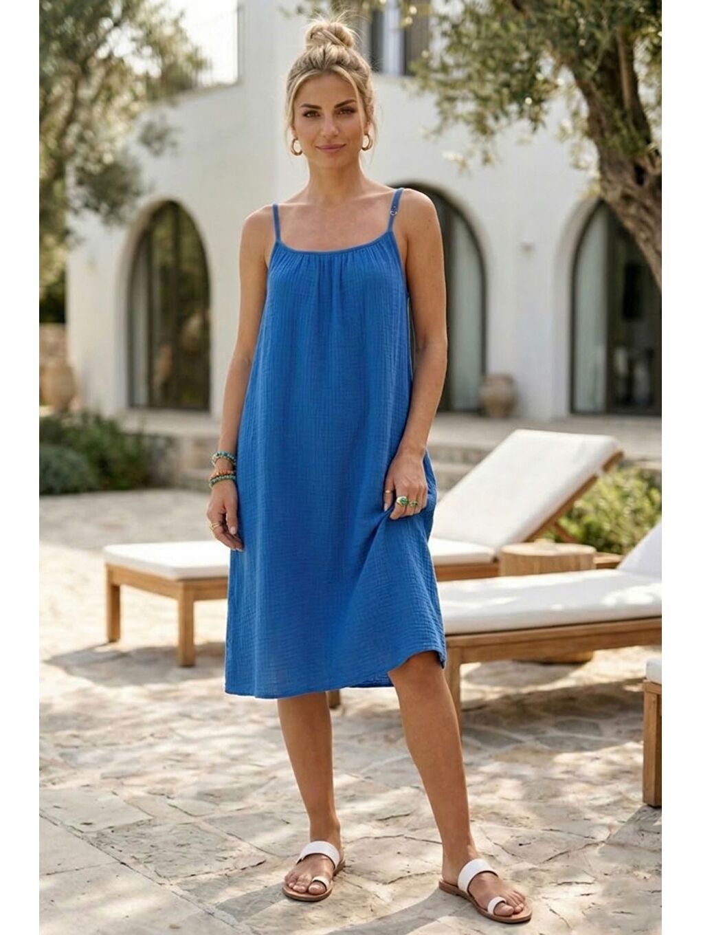 Mavi Askılı Gizli Cepli Ayarlanabilir Askılı Casual Müslin Dokuma Elbise 105 55-4