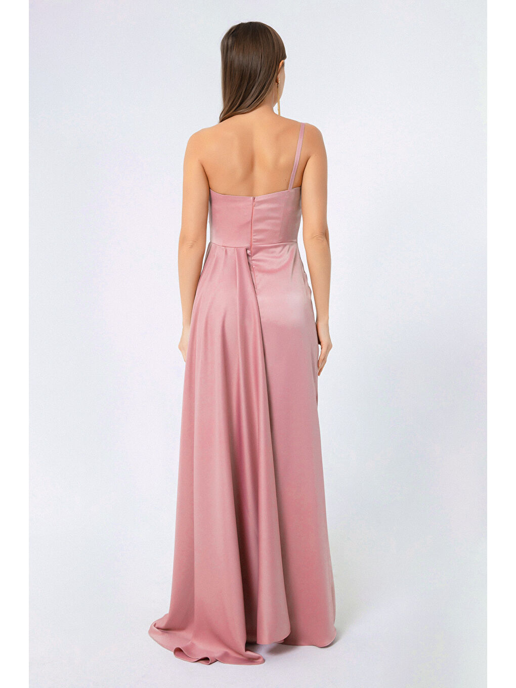 Pembe Kadın Pudra Tek Omuzlu Saten Abiye & Mezuniyet Elbisesi-4