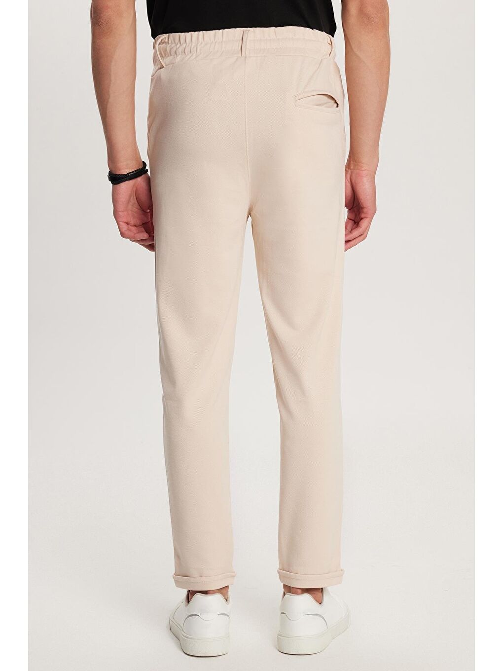 Erkek Slim Fit Pamuklu Beli Bağlamalı Yan Cepli Katlamalı Paça Jogger Bej Pantolon-4