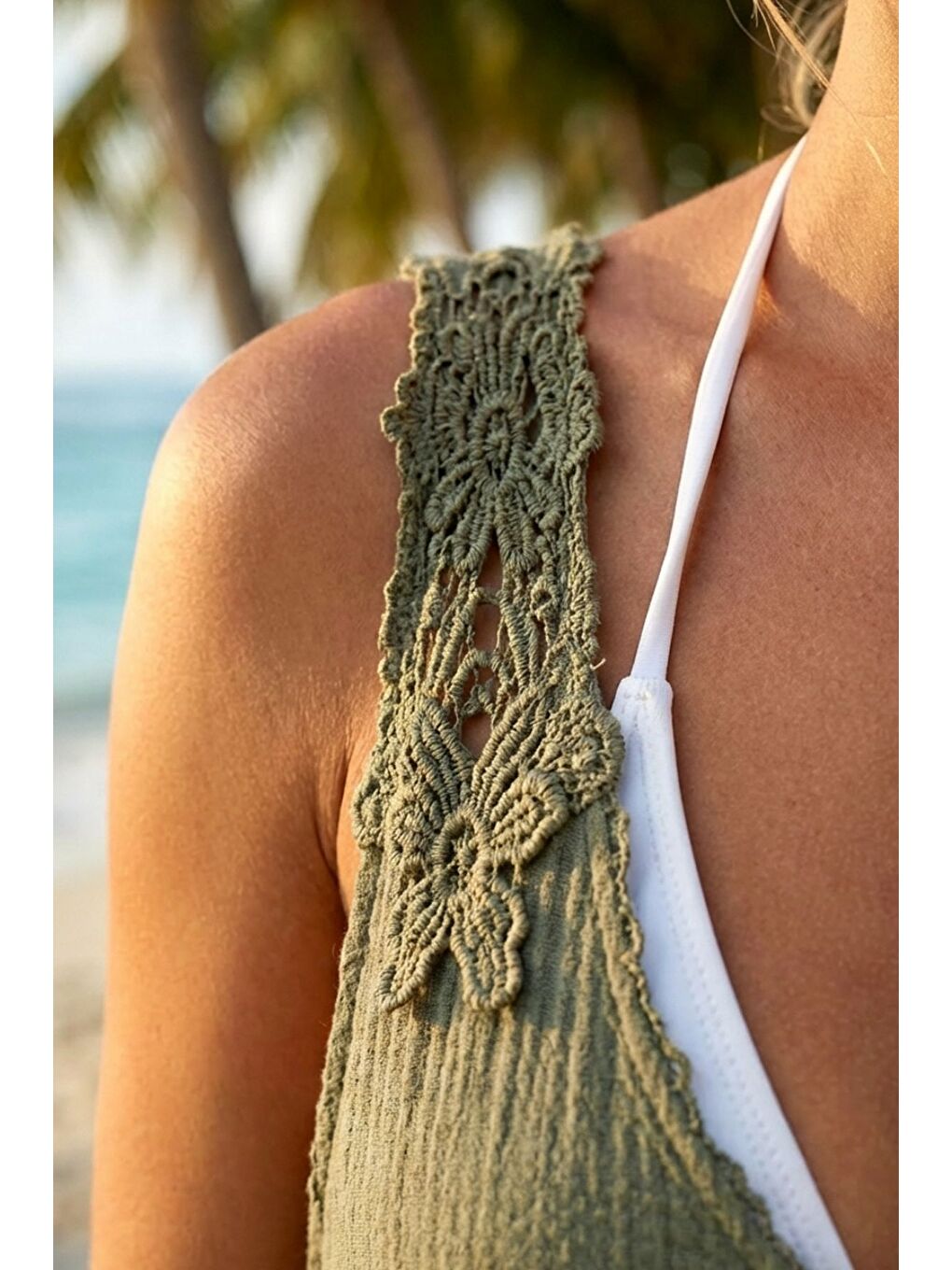 Haki Havuz Yaka Kolsuz Dantelli Omuz Casual Müslin Dokuma Elbise 95 63-1