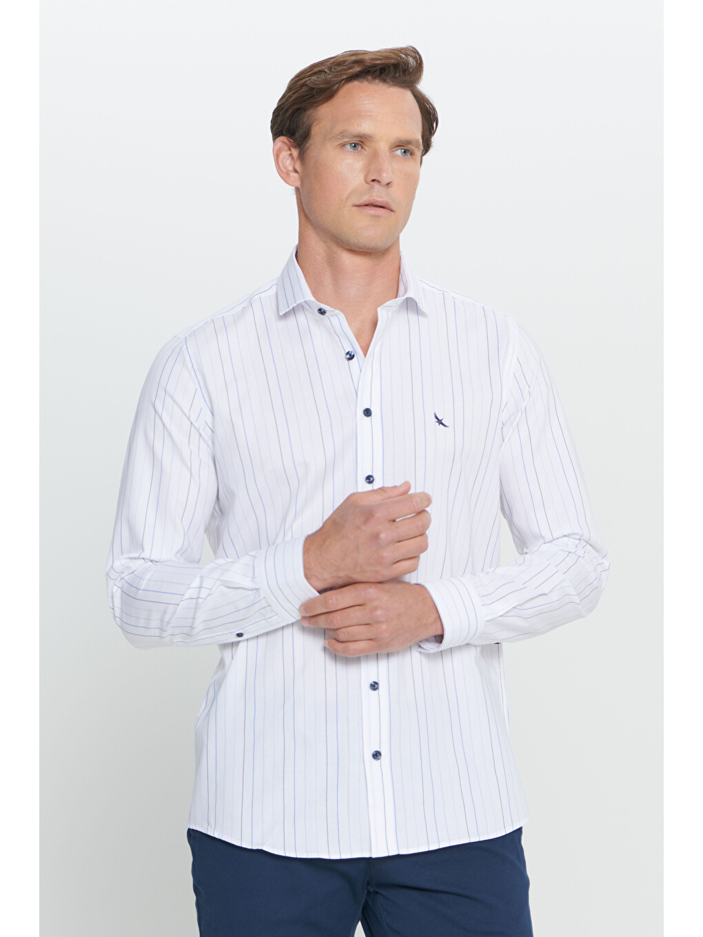 Erkek Beyaz-Mavi Slim Fit Dar Kesim Küçük İtalyan Yaka Çizgili Oxford Gömlek-3
