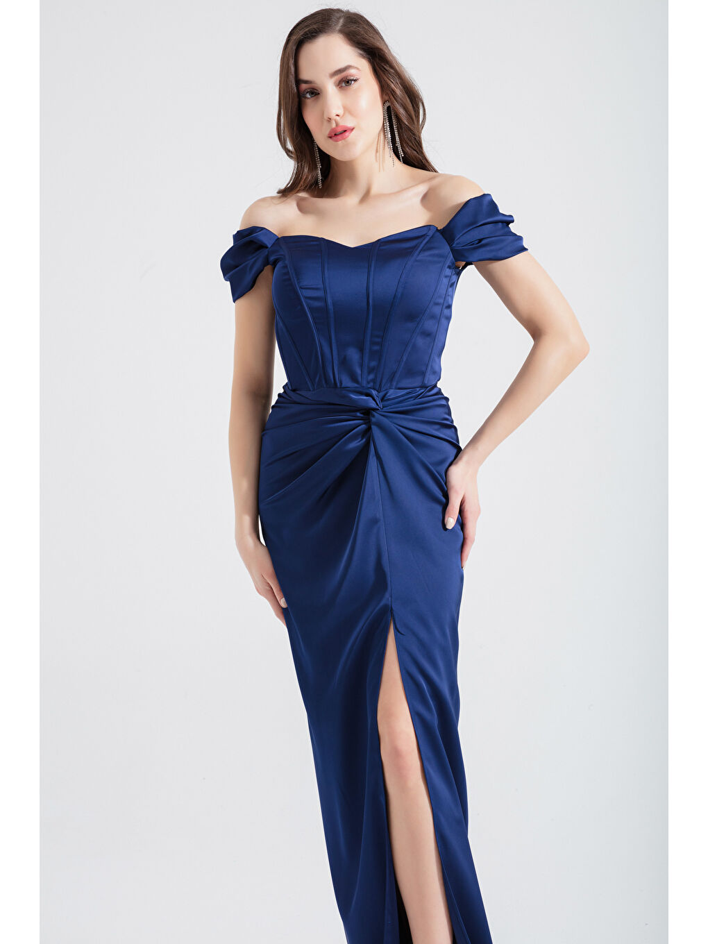 Kadın Lacivert Balen Korseli Uzun Saten Abiye Elbise-1