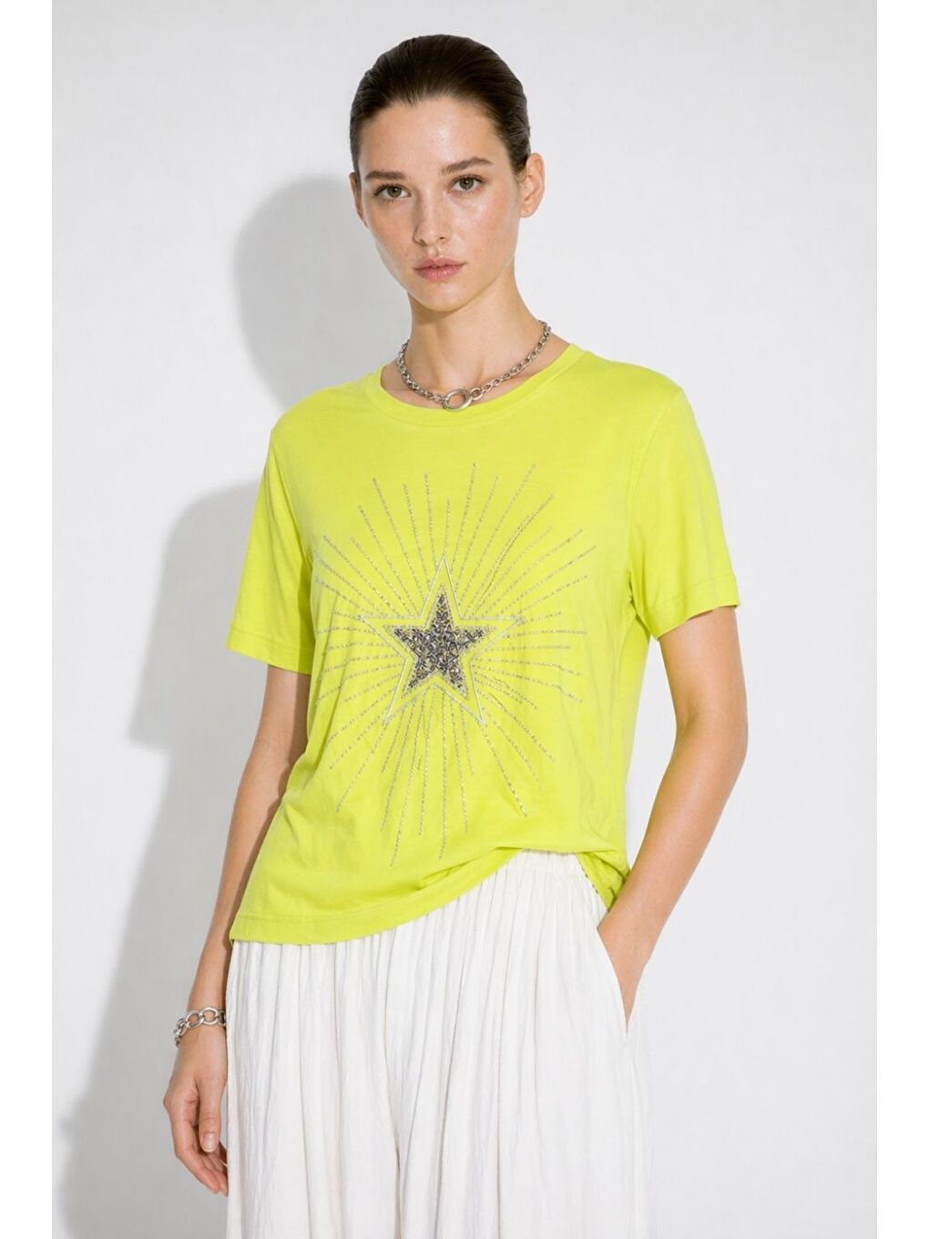 Yıldız Boncuklu Oversize Sarı Tişört-2