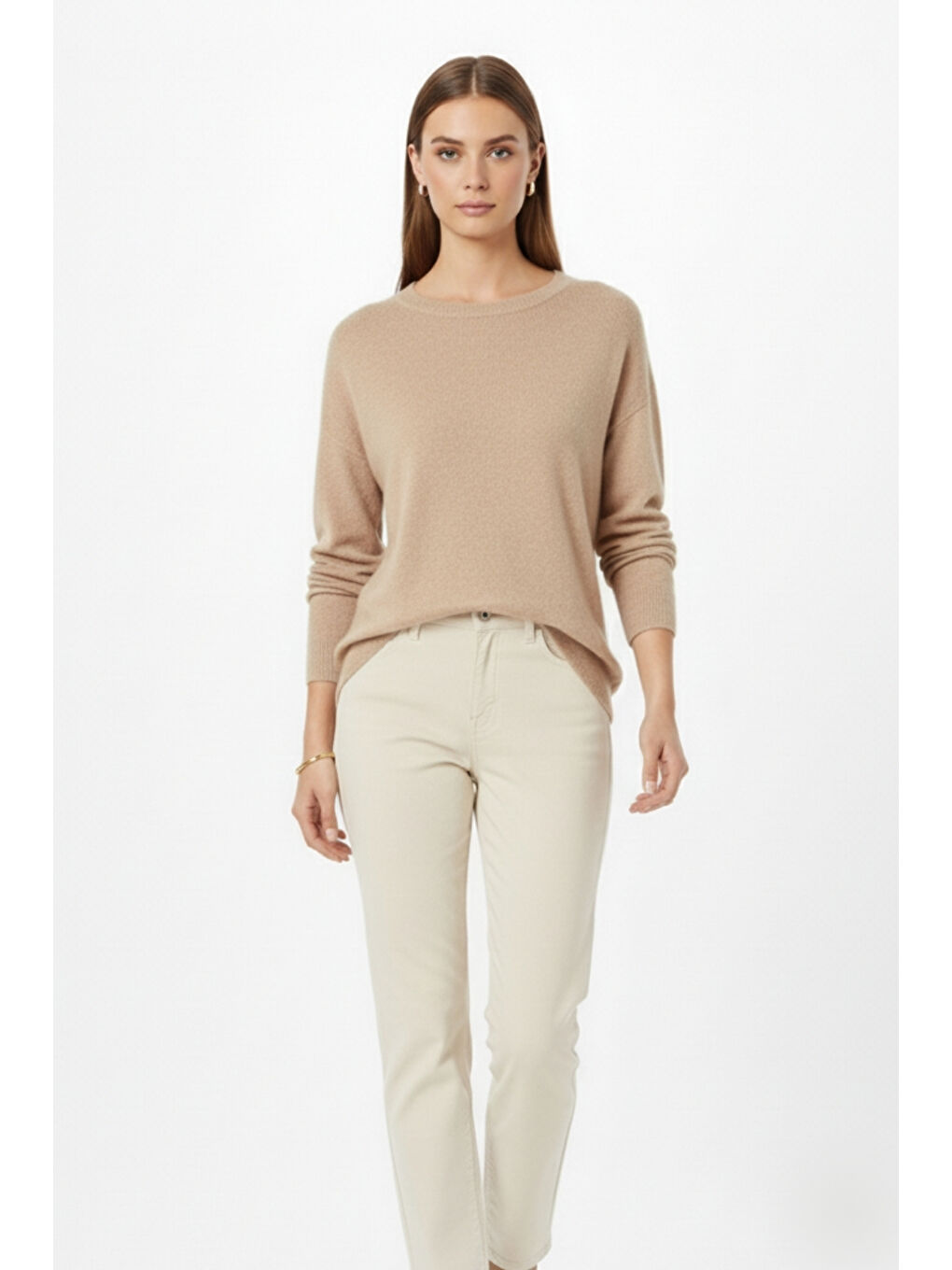 Ekstra Oversize Düşük Kol Basic Bej Rengi İnce Triko-3