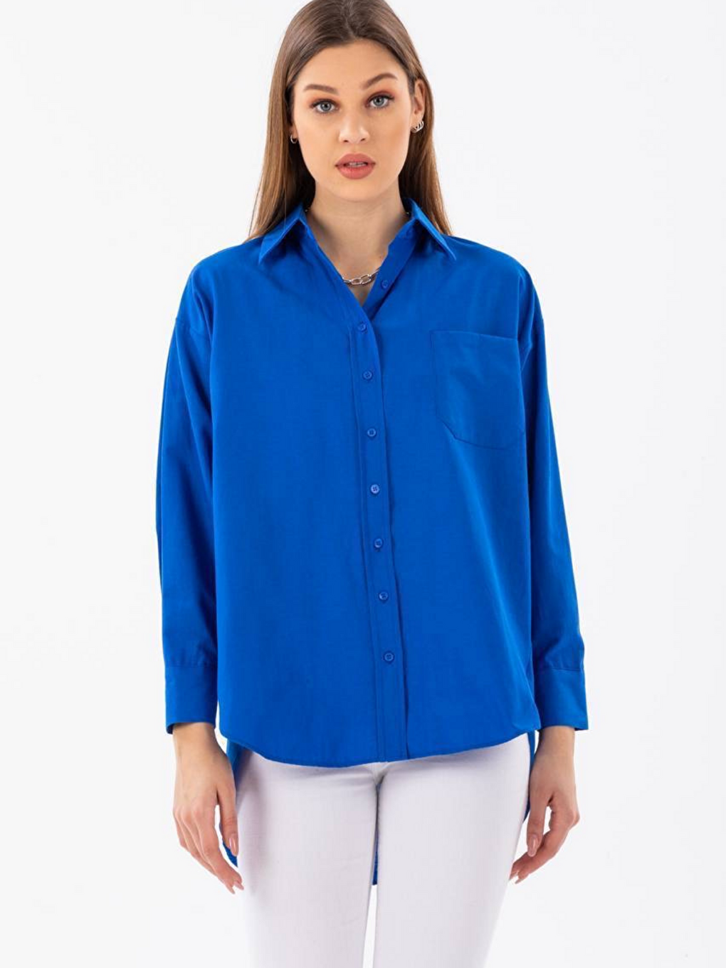 Mavi Oversize Arkası Uzun Önü Kısa Poplin Gömlek-2