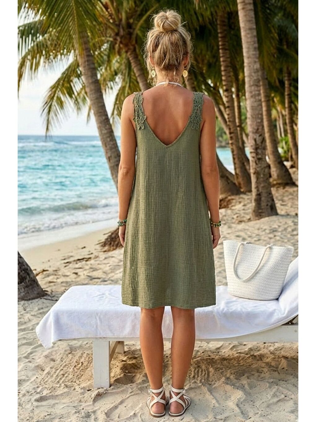 Haki Havuz Yaka Kolsuz Dantelli Omuz Casual Müslin Dokuma Elbise 95 63-5