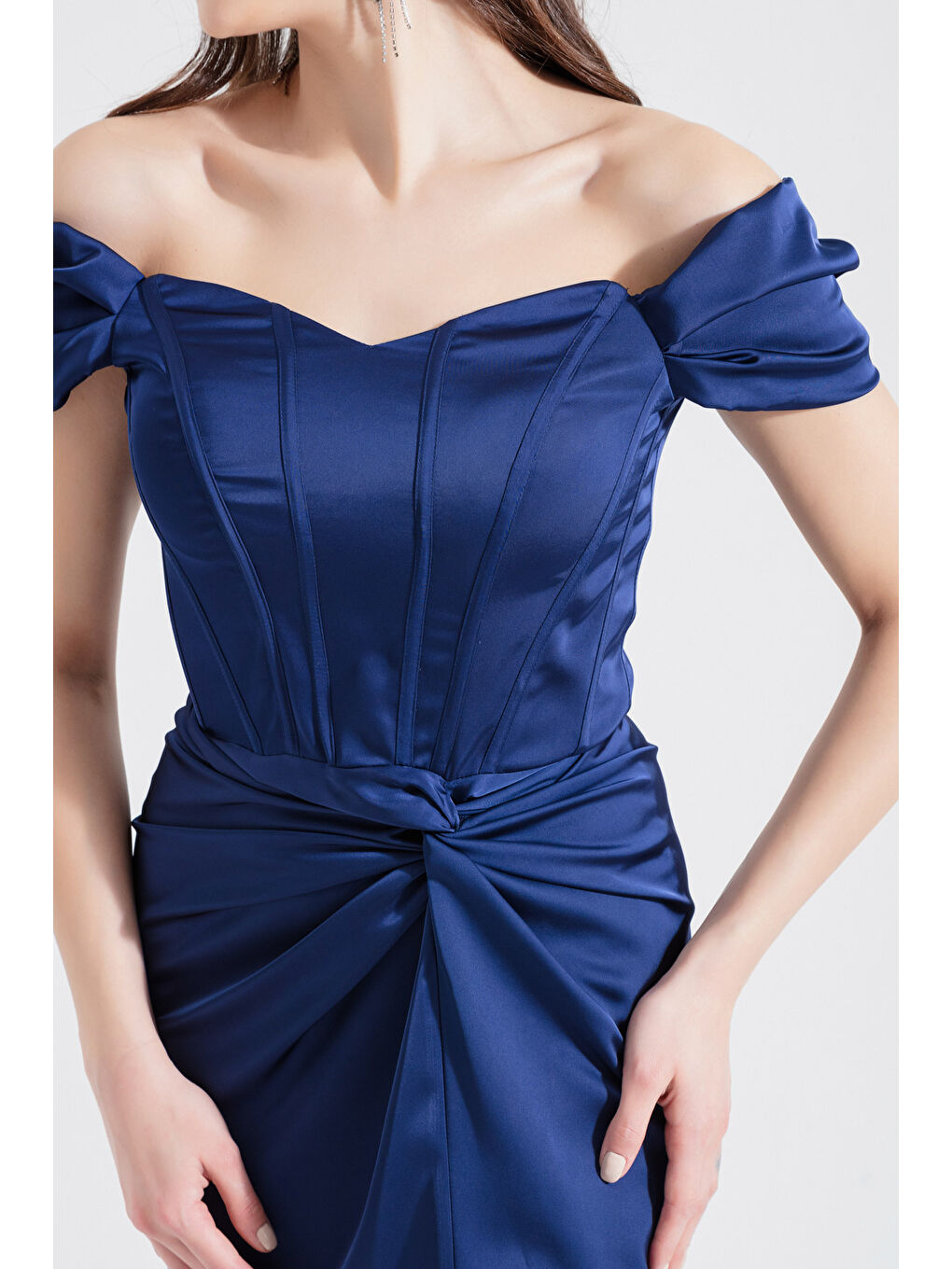 Kadın Lacivert Balen Korseli Uzun Saten Abiye Elbise-3