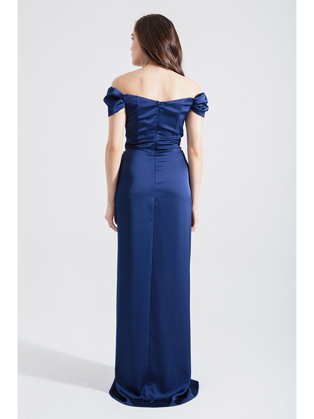 Kadın Lacivert Balen Korseli Uzun Saten Abiye Elbise-4