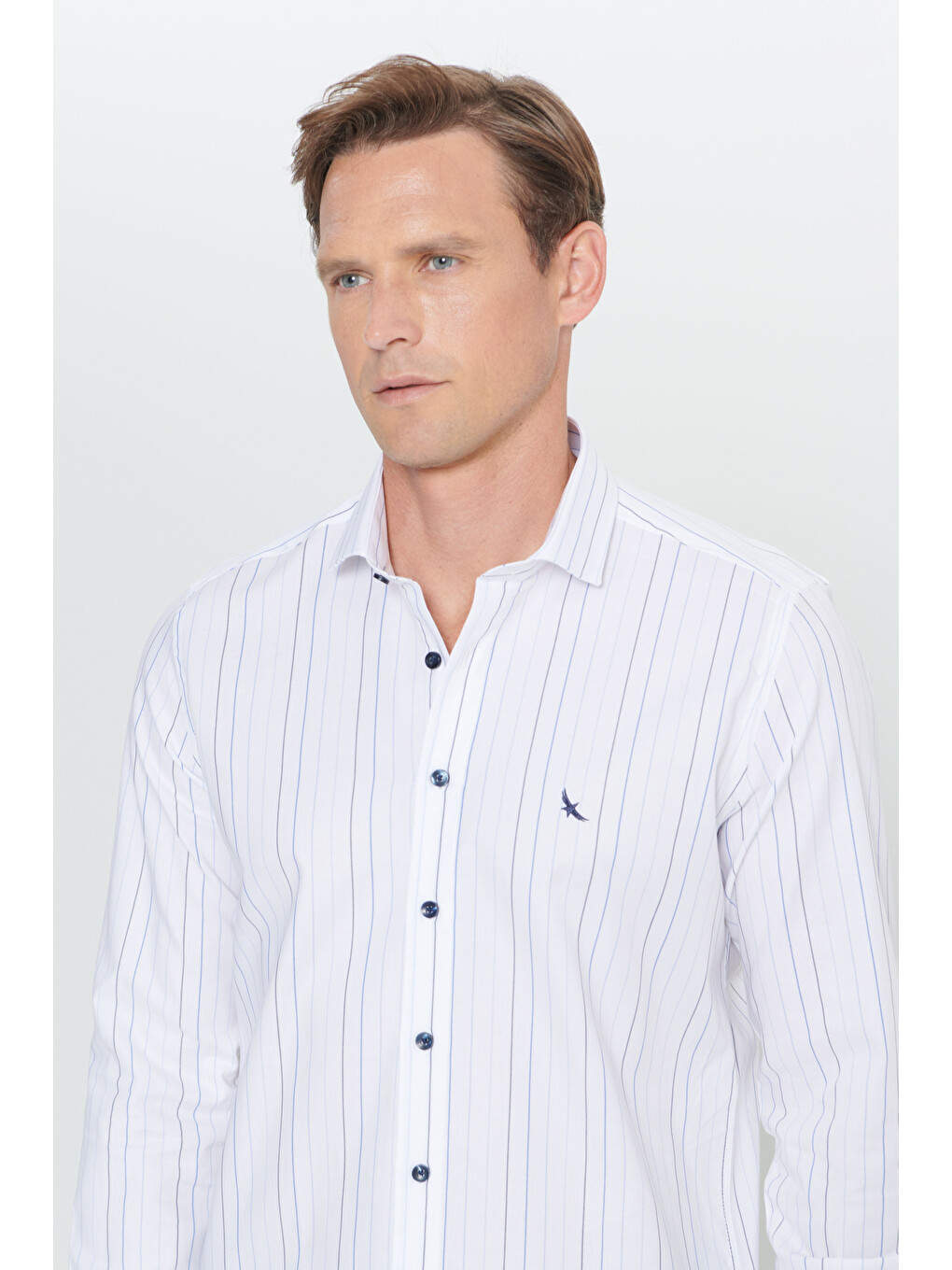 Erkek Beyaz-Mavi Slim Fit Dar Kesim Küçük İtalyan Yaka Çizgili Oxford Gömlek-4