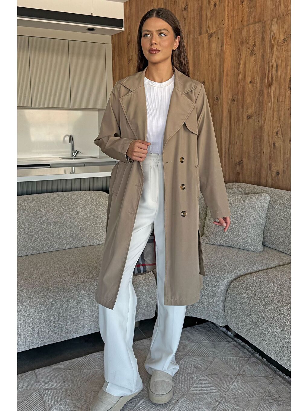 Bej Kadın Bel Kuşak Detaylı Trençkot
