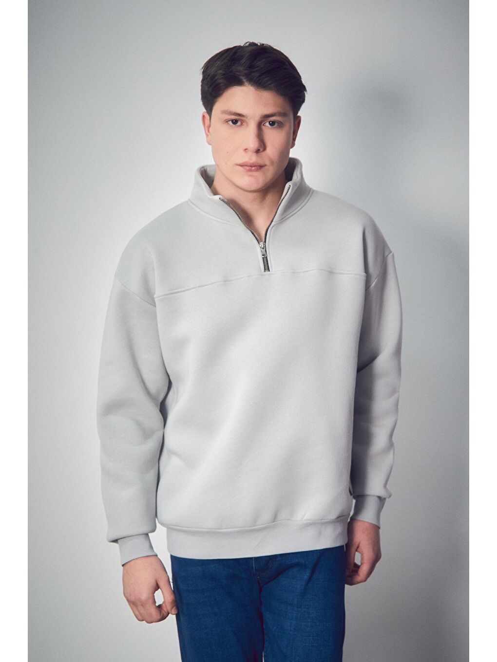 Gri 3 İplik Basic Dik Yaka Yarım Fermuarlı Sweatshirt