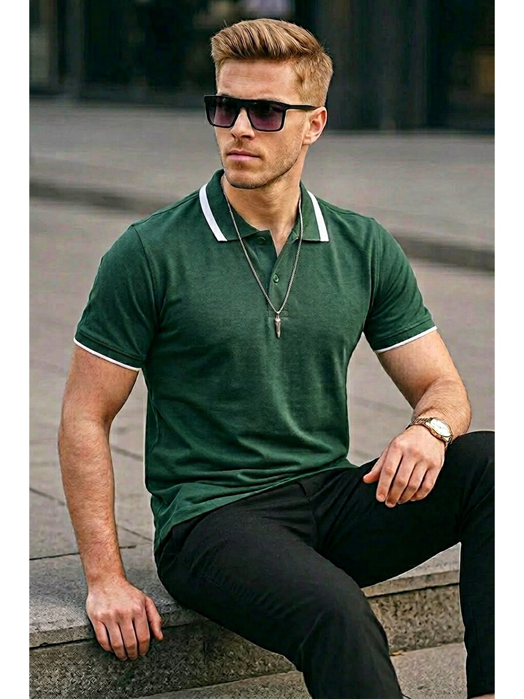 Erkek Düğmeli Pamuklu Haki Polo Yaka Tişört-1