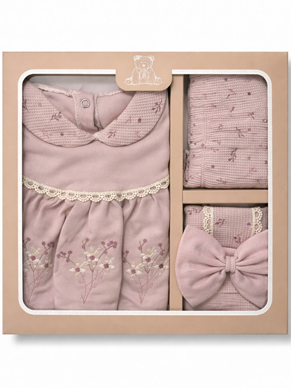 Pembe Kız Bebek Lüx Kutulu Waffle Kumaş Çiçekli Fiyonklu 5li Hastane Çıkış Seti Yenidoğan Pamuklu