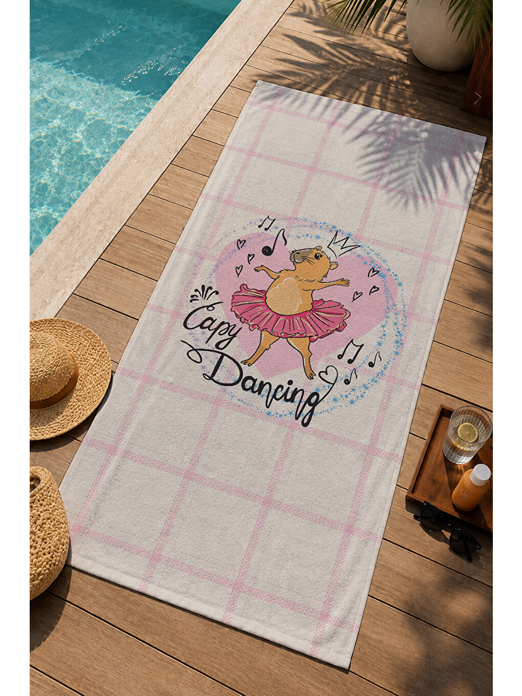 Pembe Ekose Sevimli Hayvan Figürlü 70x150 Cm Dijital Baskılı Plaj Ve Banyo Havlusu-2