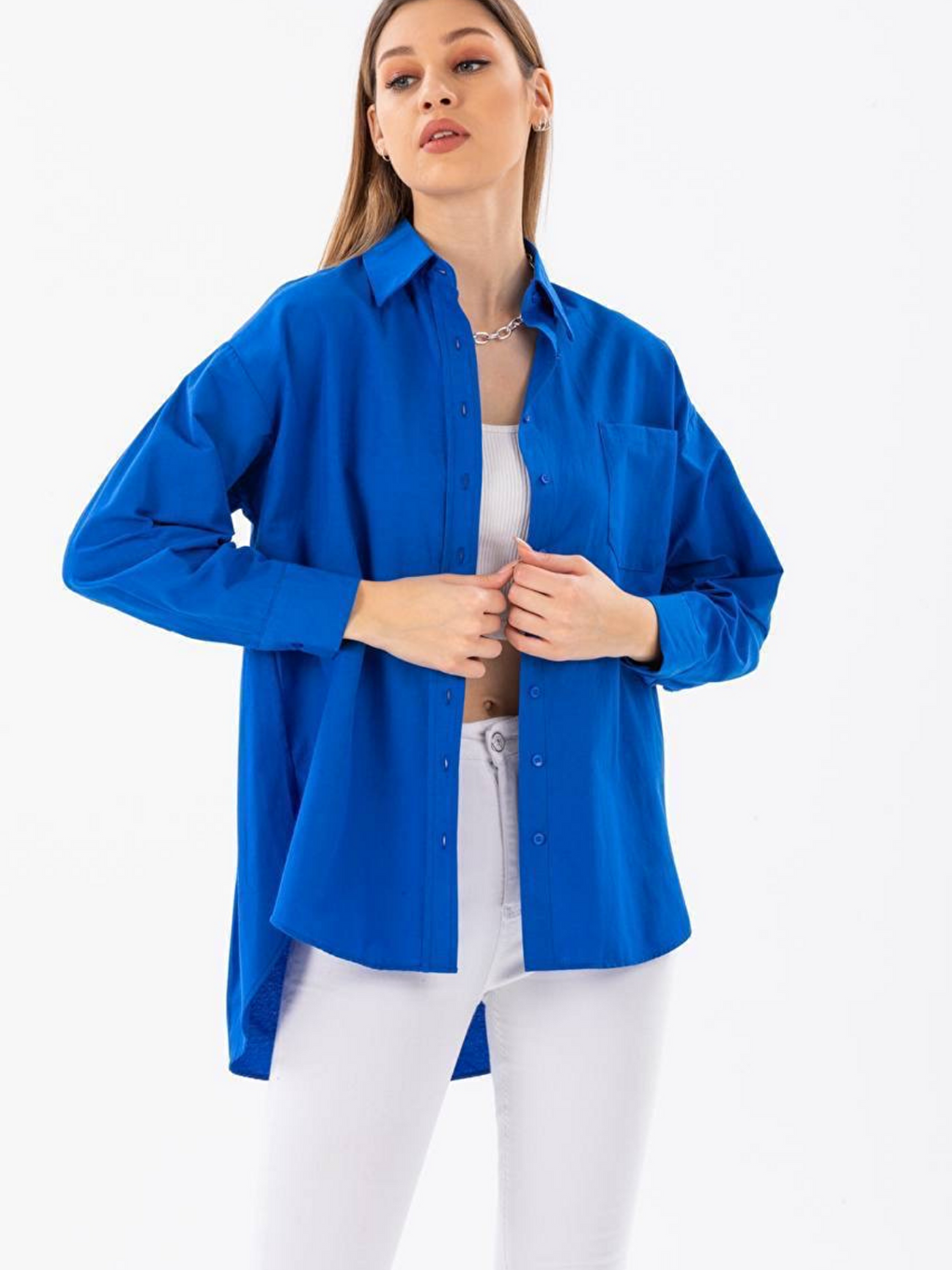 Mavi Oversize Arkası Uzun Önü Kısa Poplin Gömlek-3