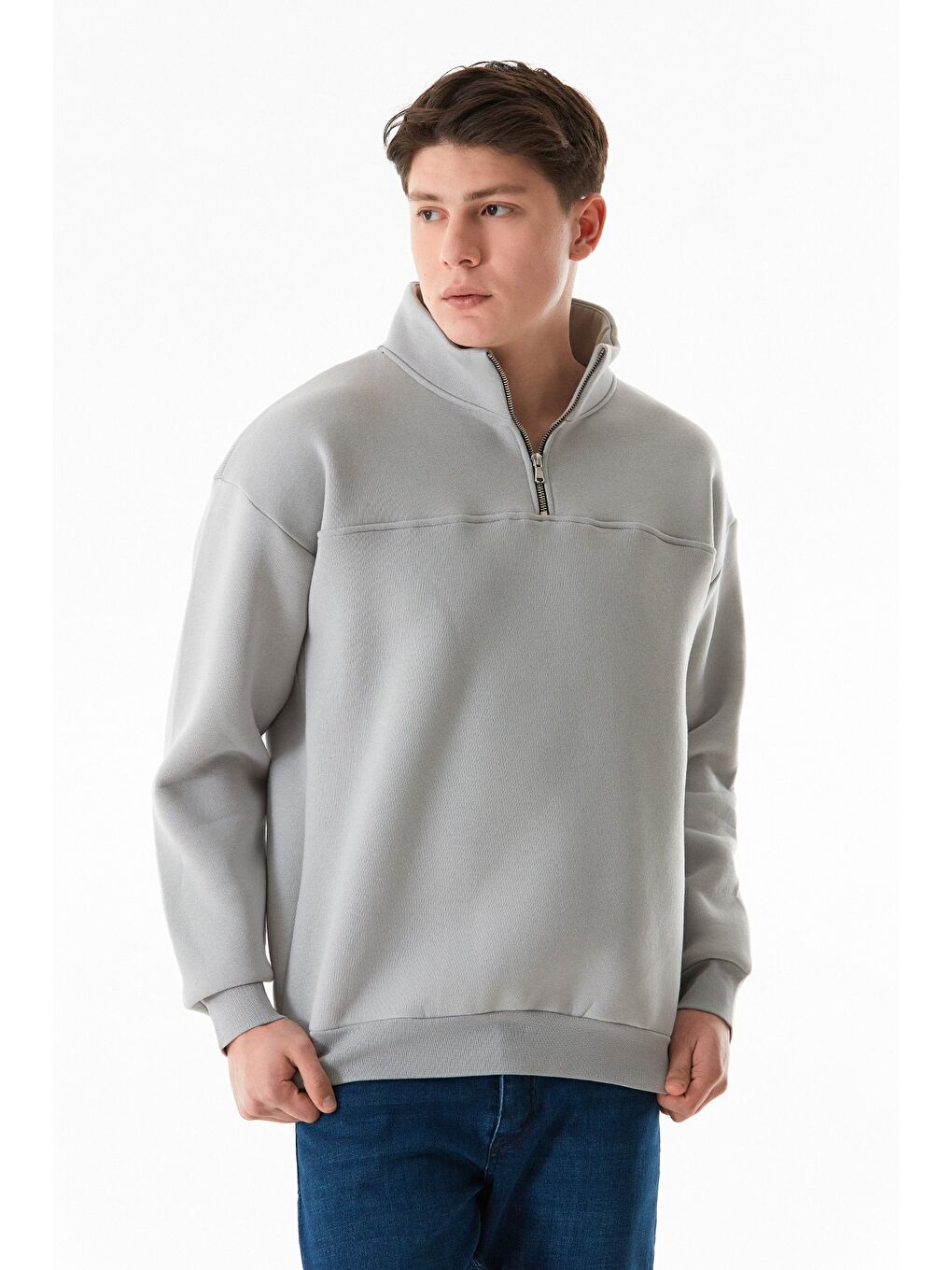 Gri 3 İplik Basic Dik Yaka Yarım Fermuarlı Sweatshirt-3