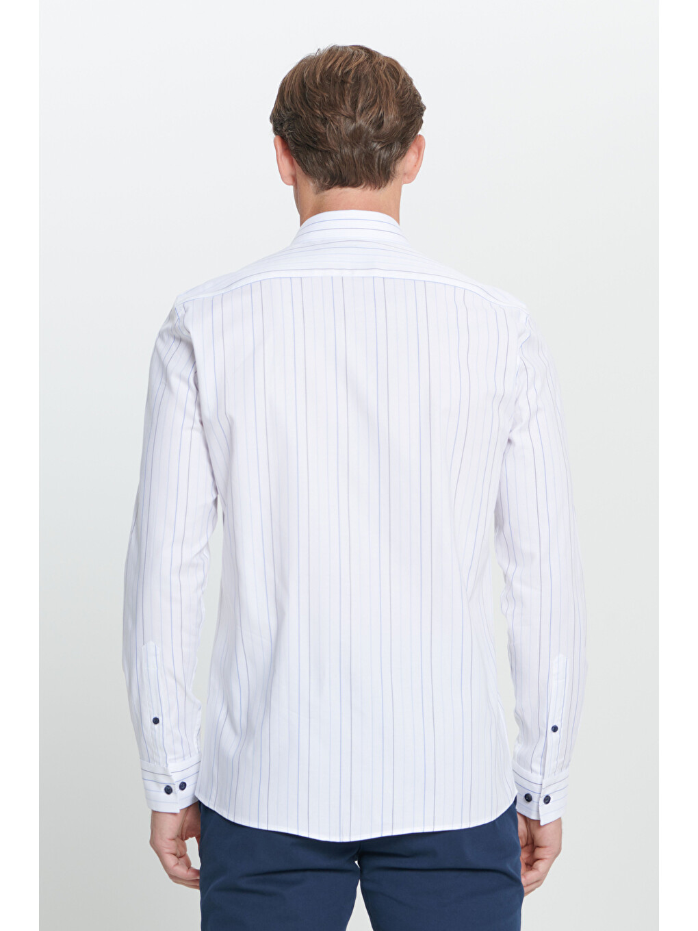 Erkek Beyaz-Mavi Slim Fit Dar Kesim Küçük İtalyan Yaka Çizgili Oxford Gömlek-5