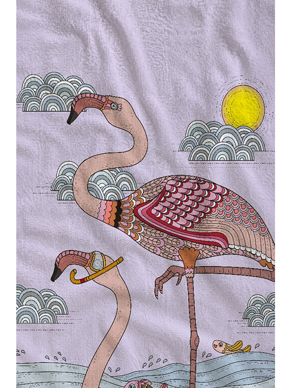 Beyaz Minimal Flamingo Ve Güneş Desenli 70x150 Cm Dijital Baskılı Plaj Ve Banyo Havlusu-1