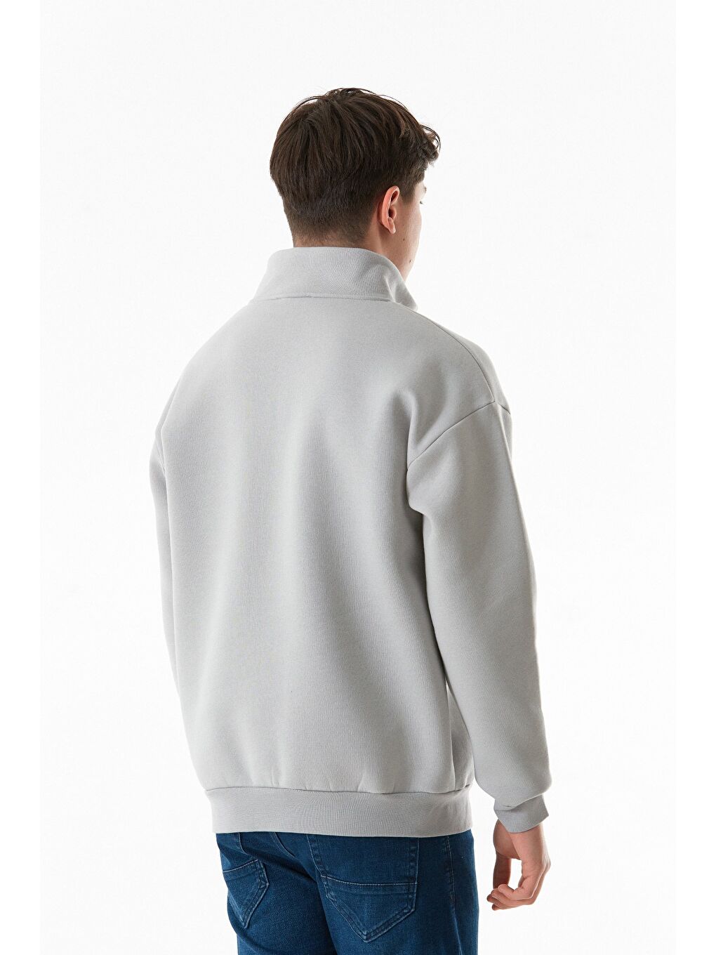 Gri 3 İplik Basic Dik Yaka Yarım Fermuarlı Sweatshirt-4