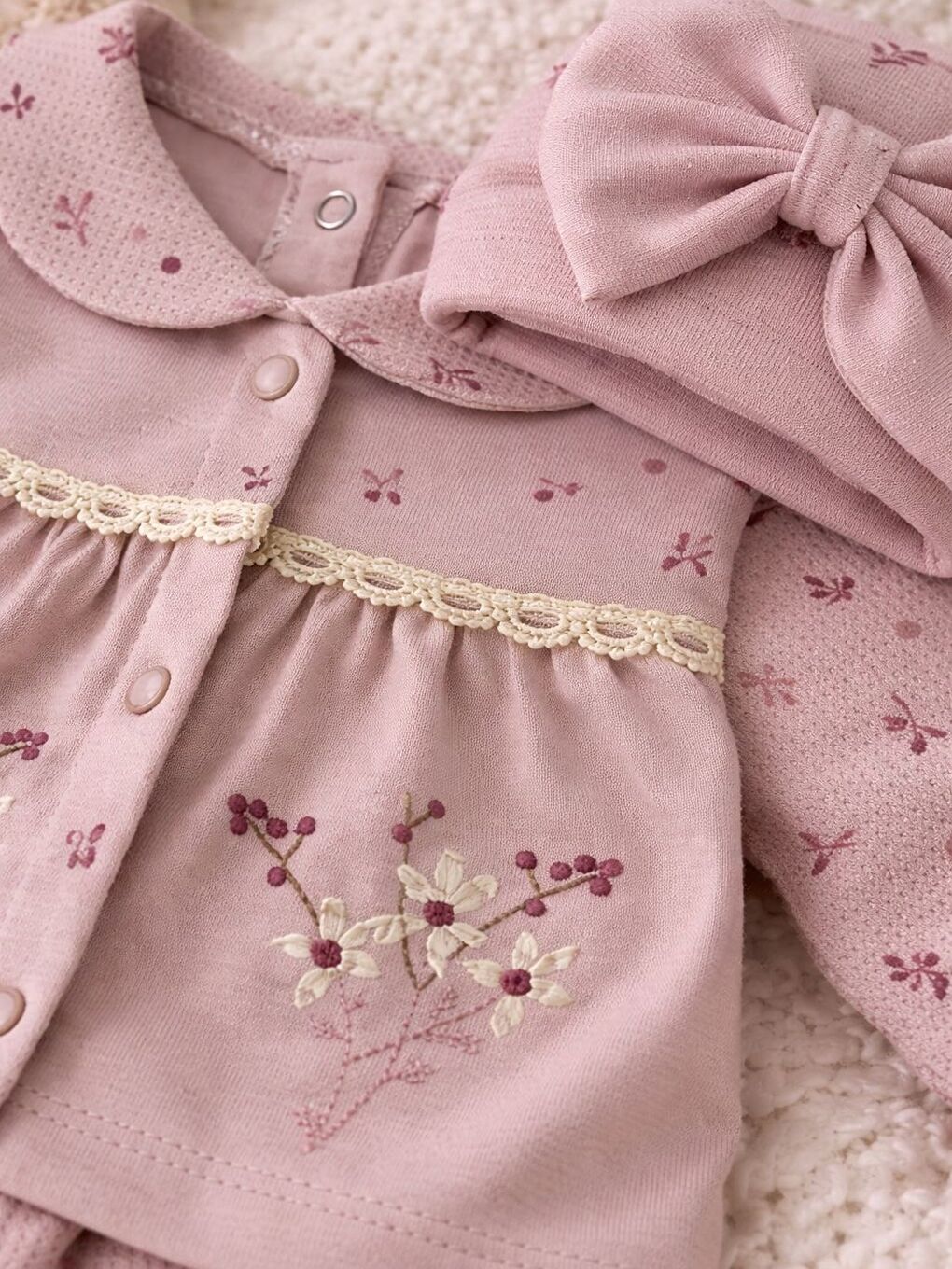 Pembe Kız Bebek Lüx Kutulu Waffle Kumaş Çiçekli Fiyonklu 5li Hastane Çıkış Seti Yenidoğan Pamuklu-1