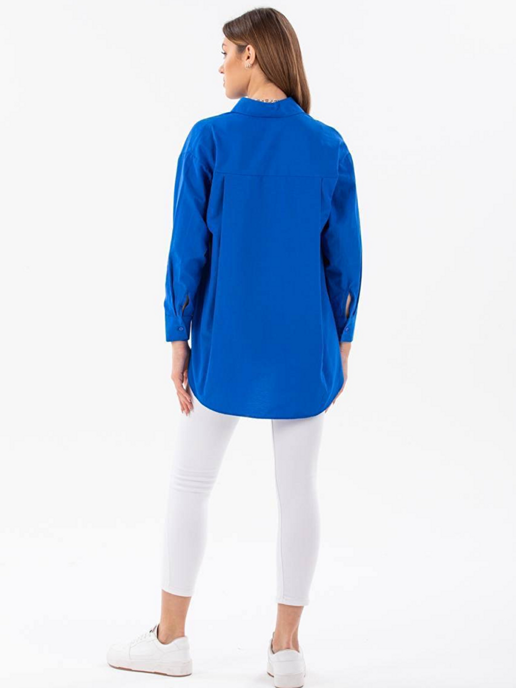 Mavi Oversize Arkası Uzun Önü Kısa Poplin Gömlek-4