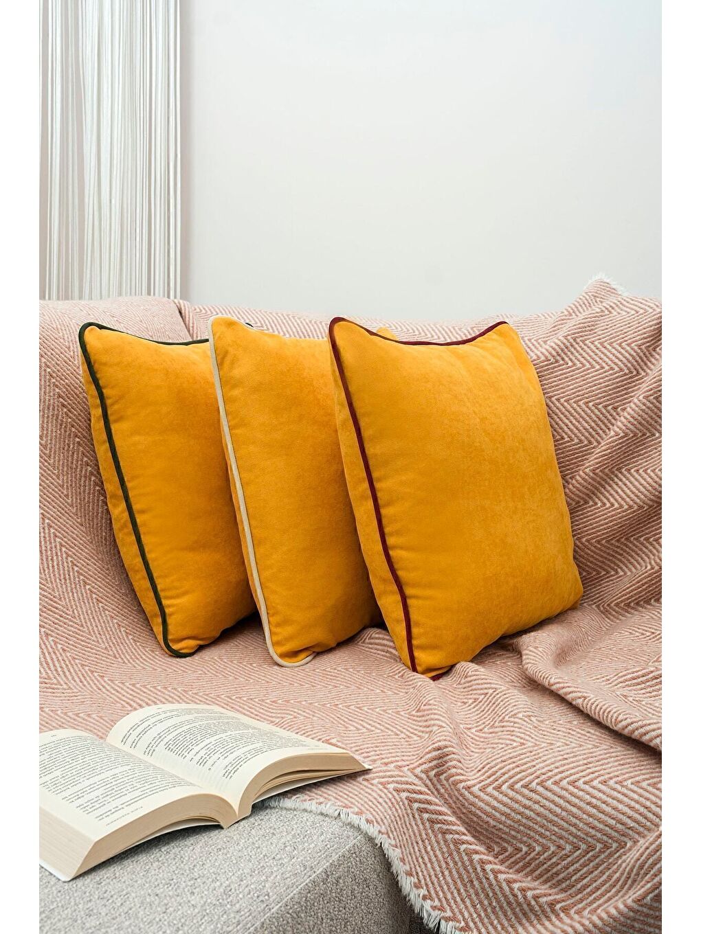 Bej Renk Seçenekli Krem Biyeli Sarı Kırlent Kılıfı Dekoratif Düz Sade Punch Panoroma Panbiy-3