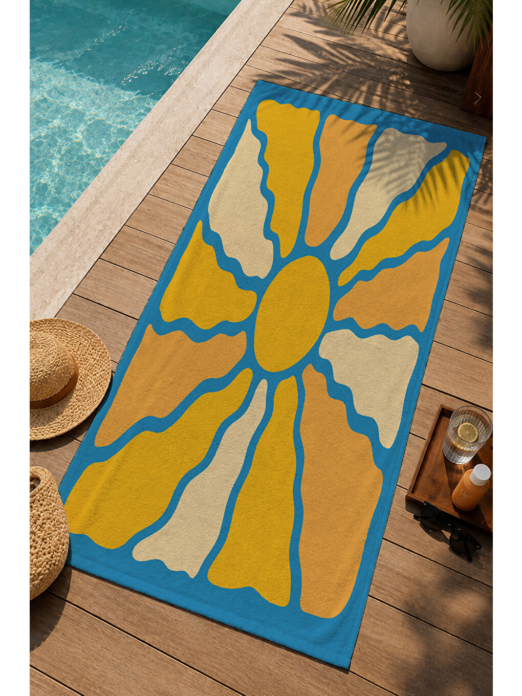 Ekru Sarı Mavi Soyut Çiçek Desenli 70x150 Cm Dijital Baskılı Plaj Ve Banyo Havlusu-2